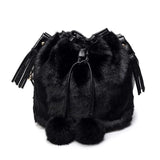 Furry Faux Fur Bucket Drawstring Shoulder Bag with Pom Pom