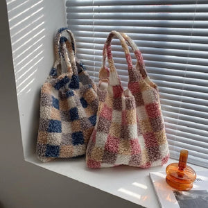 Winter Checkered Plush Shoulder Bag Lamb Wool Fleece Tote Purse