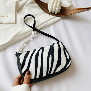 Winter Plush Handbag Animal Printed Chain Shoulder Underarm Bag