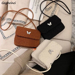 Winter Lambswool Shoulder Bag Butterfly Appliques Cross Body Handbag