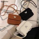 Winter Lambswool Shoulder Bag Butterfly Appliques Cross Body Handbag