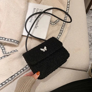 Winter Lambswool Shoulder Bag Butterfly Appliques Cross Body Handbag
