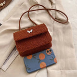 Winter Lambswool Shoulder Bag Butterfly Appliques Cross Body Handbag