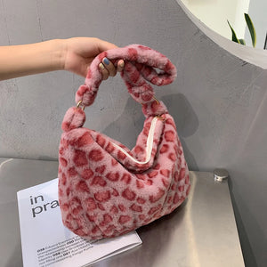Women Winter Soft Plush Red Leopard Shoulder Bags Female Cow Print Underarm Bag