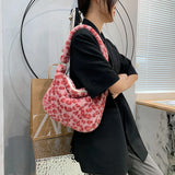 Women Winter Soft Plush Red Leopard Shoulder Bags Female Cow Print Underarm Bag