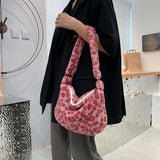 Women Winter Soft Plush Red Leopard Shoulder Bags Female Cow Print Underarm Bag