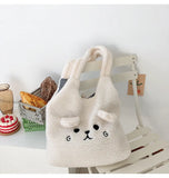 Winter Plush Shoulder Bag Cartoon Embroidery Handbag Large Capacity Shopping Bag