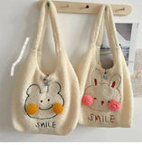 Winter Plush Shoulder Bag Cartoon Embroidery Handbag Large Capacity Shopping Bag