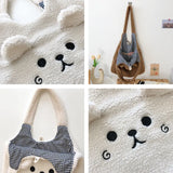 Winter Plush Shoulder Bag Cartoon Embroidery Handbag Large Capacity Shopping Bag