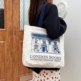 London Bookshop Print Canvas Handbag for Women