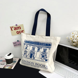 London Bookshop Print Canvas Handbag for Women