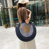 Women Woven Bag Round Beach Shoulder Bag Straw Crossbody Handbag Tote Bag