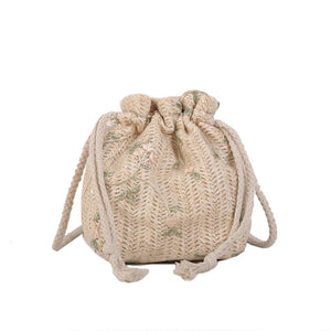 Women Woven Bags Lace Drawstring Bucket Bag Shoulder Straw Woven Bag All-match