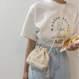 Women Woven Bags Lace Drawstring Bucket Bag Shoulder Straw Woven Bag All-match