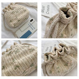 Women Woven Bags Lace Drawstring Bucket Bag Shoulder Straw Woven Bag All-match
