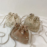 Women Woven Bags Lace Drawstring Bucket Bag Shoulder Straw Woven Bag All-match