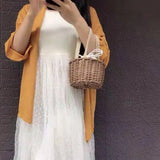 Women Straw Bucket Handbag Lady Summer Beach Mini Bags