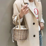Women Straw Bucket Handbag Lady Summer Beach Mini Bags