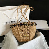 Straw Shoulder Bag with Pom Pom Tassel Lace Trim Drawstring Closure