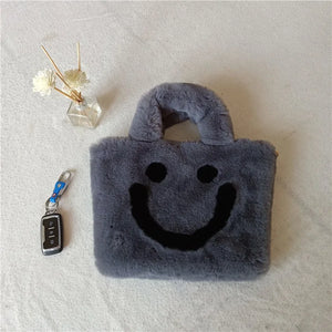 Women's Plush Smiley Handbag Shoulder Bag Lady Chain Faux Fur Christmas Party