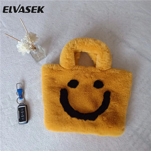 Women's Plush Smiley Handbag Shoulder Bag Lady Chain Faux Fur Christmas Party