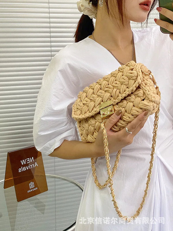 Crochet Woven Chain Lock Crossbody Shoulder Bag