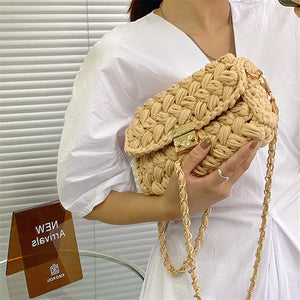 Crochet Woven Chain Lock Crossbody Shoulder Bag