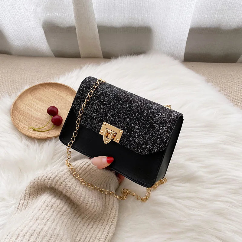 Women's Summer Sequins Lock Chain Small Square Bag Shoulder Handbag