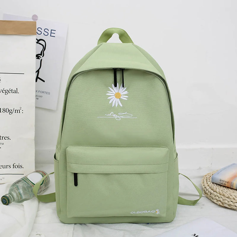 Canvas School Backpack Green Daisy Embroidery Large Capacity