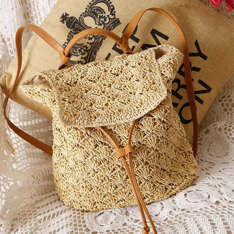 Women's Hollow Out Straw Beach Backpack Mochila Capacity Backpacks