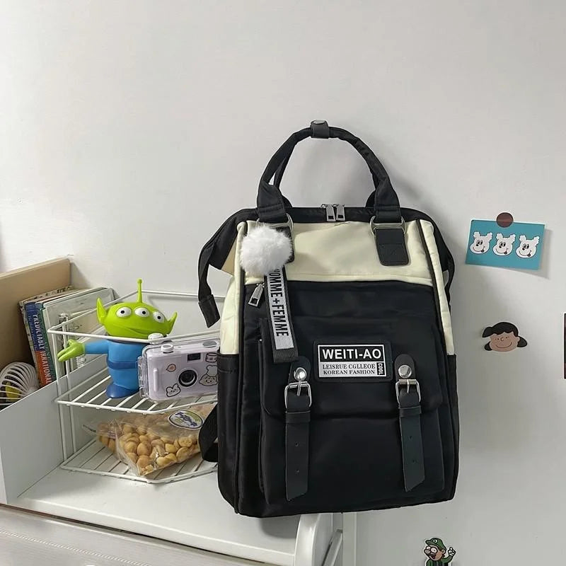 Contrast Nylon School Bag For Teen Girls Large Capacity Travel Bag