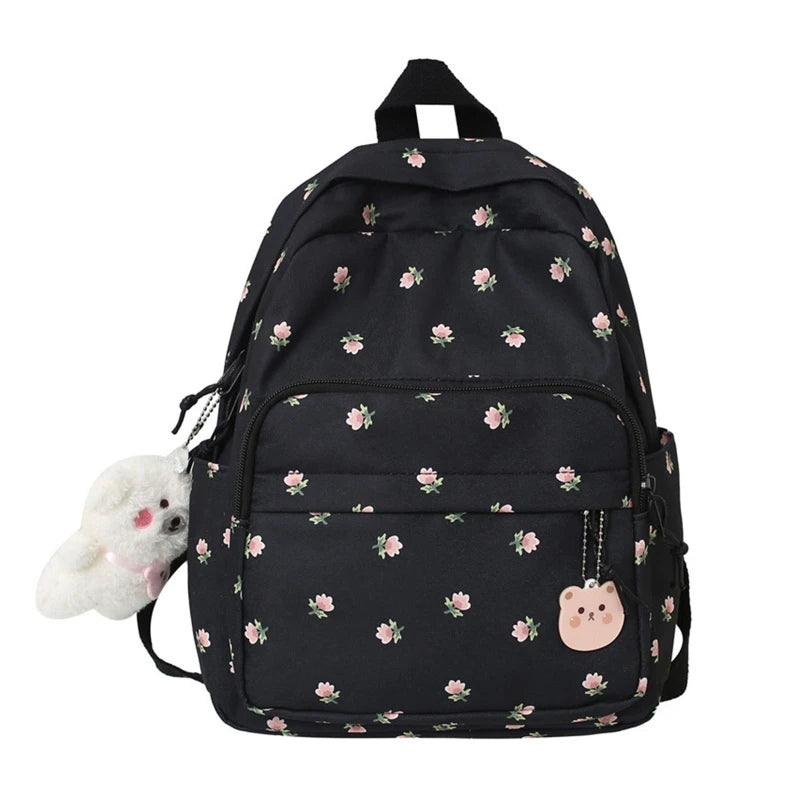 Women's Nylon Travel Bookbag with Floral Print and Bear Pendant