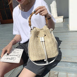 Bamboo Straw Woven Bucket Bag Drawstring All-match