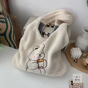 Women's Lamb Wool Bear Fabric Shoulder Bag Canvas Handbag