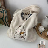 Women's Lamb Wool Bear Fabric Shoulder Bag Canvas Handbag
