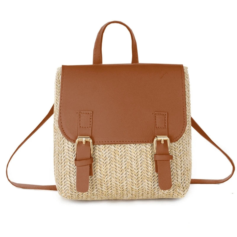 Women's Woven Double Buckle Small Backpack Casual Gift Bag