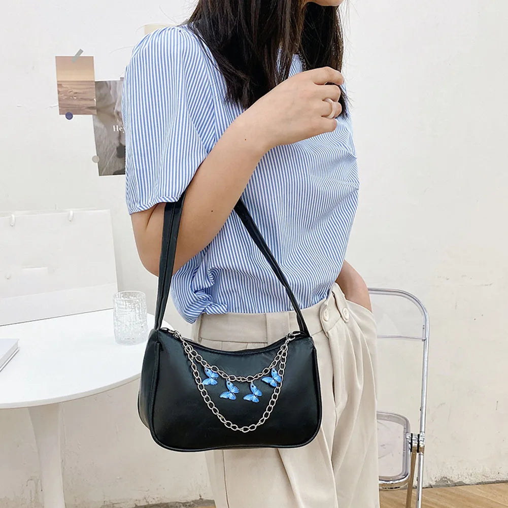 Vintage PU Leather Butterfly Chain Shoulder Bag for Women