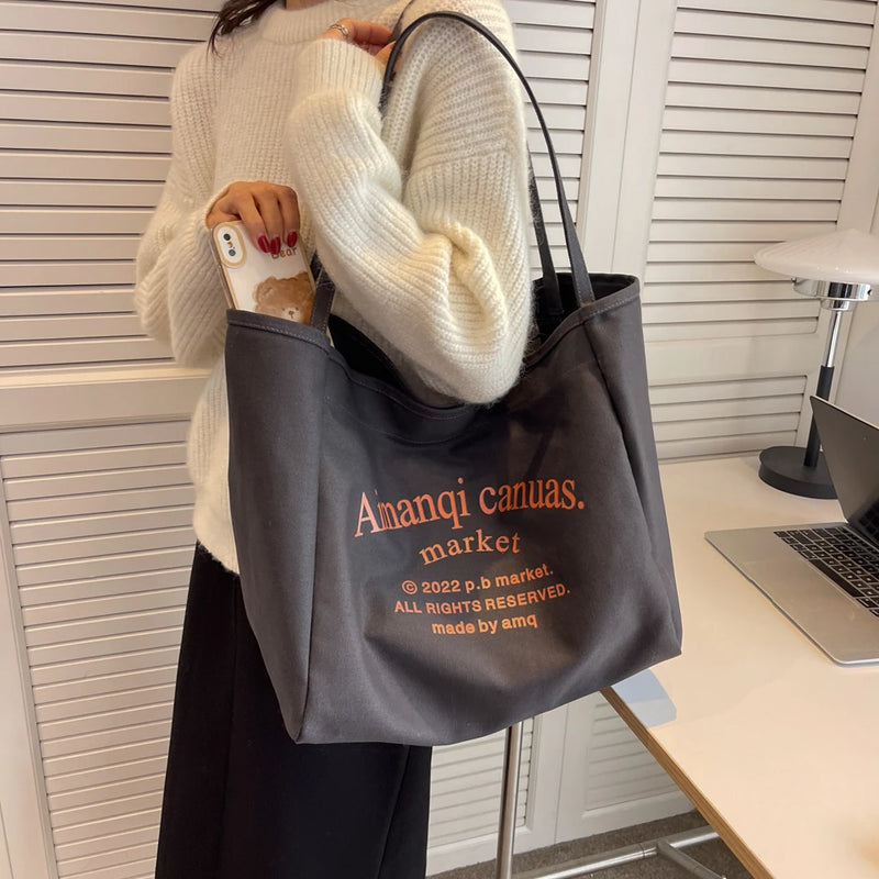 Casual Large Capacity Shoulder Bags Shopper Cotton Cloth Tote Solid Zipper Handb