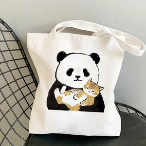 Women's Large Capacity Canvas Panda Cats Harajuku Tote Bag