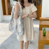 Canvas Flower Print Shoulder Bag Large Capacity Zipper Handbag