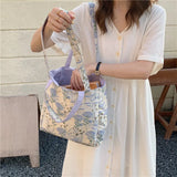Canvas Flower Print Shoulder Bag Large Capacity Zipper Handbag