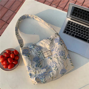 Canvas Flower Print Shoulder Bag Large Capacity Zipper Handbag