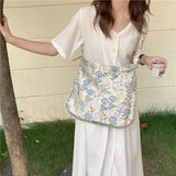Canvas Flower Print Shoulder Bag Large Capacity Zipper Handbag