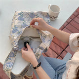 Canvas Flower Print Shoulder Bag Large Capacity Zipper Handbag