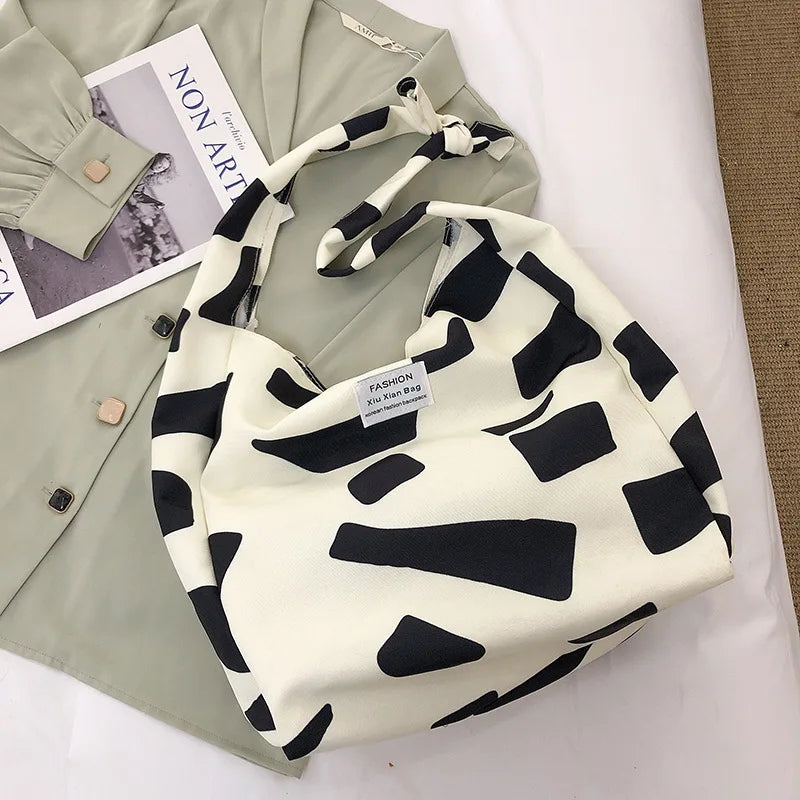 Women's Canvas Zipper Print Tote Bag Casual Large Capacity Shoulder Handbag
