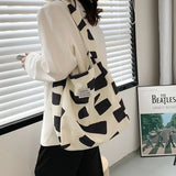 Women's Canvas Zipper Print Tote Bag Casual Large Capacity Shoulder Handbag