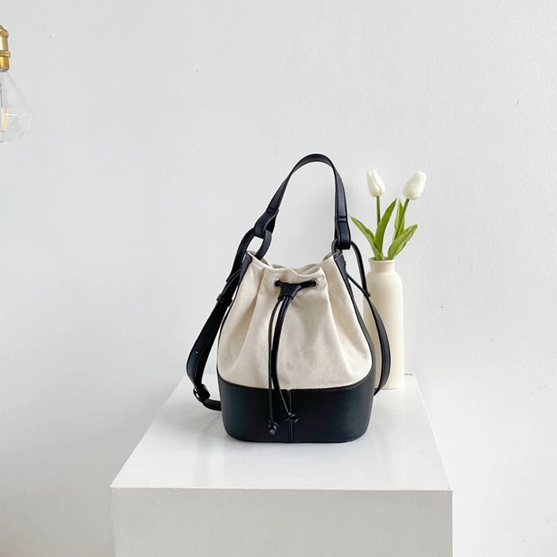 Women's Bucket Handbags Drawstring Small Shoulder Bag PU Leather Crossbody