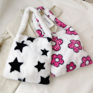 Floral Print Plush Shoulder Bag for Women, Large Capacity Handbag