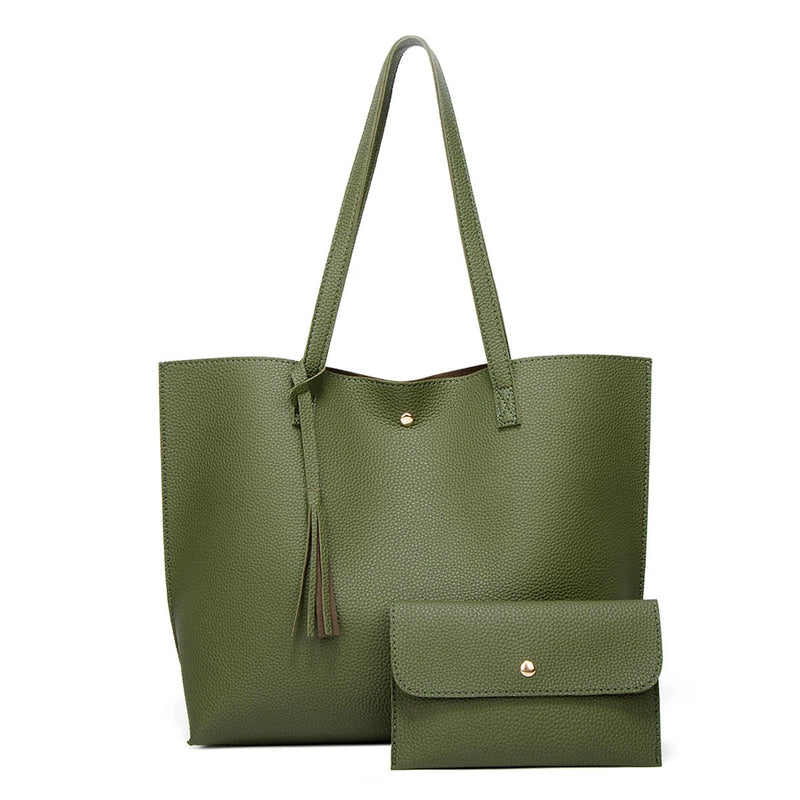 Tassel Shoulder Shopper Bag Casual Ladies Large Capacity PU Tote Handbags 2pcs