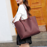 Tassel Shoulder Shopper Bag Casual Ladies Large Capacity PU Tote Handbags 2pcs